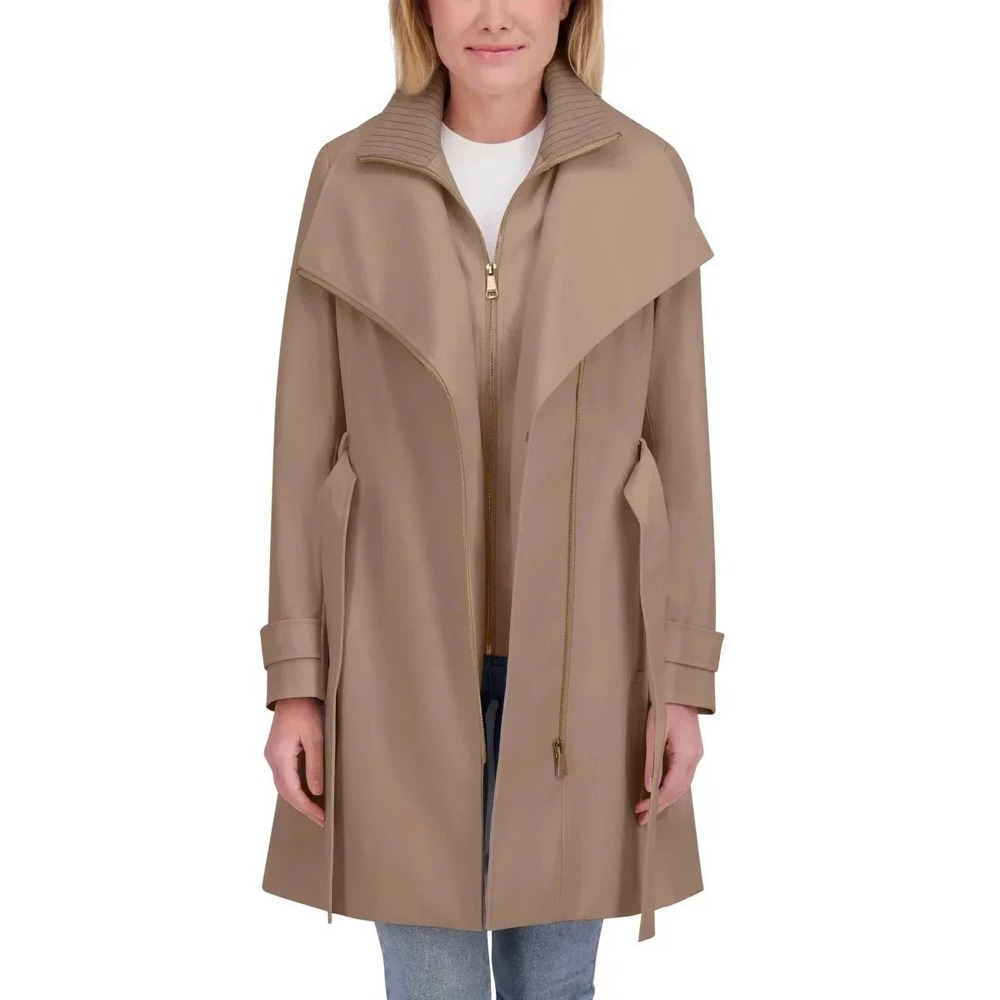 Halston Trench Coat Women Asymmetric Zip Belted, Brown, XL, New
